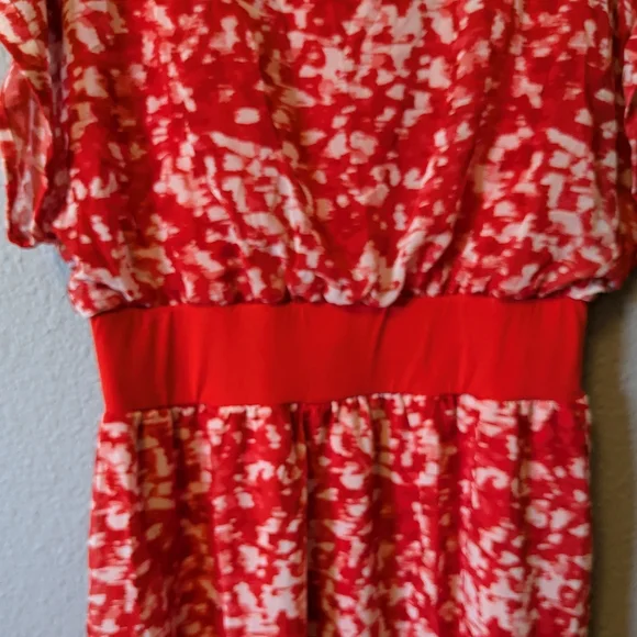 NWT H by Halston Coral Red Brush Stroke Dress Cap Sleeves Knee Length Sz. M - Picture 6 of 12